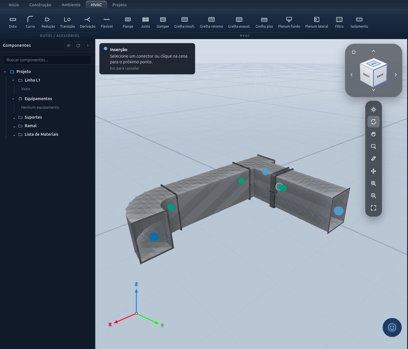 Tela do Plant3D GRF com um trecho de dutos de HVAC, conectores e a árvore do projeto.